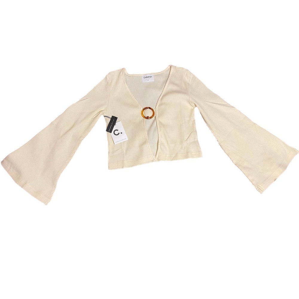 Callahan Vera Women's Open Front Ring Bell Sleeve Top Ribbed in Creme XS NEW